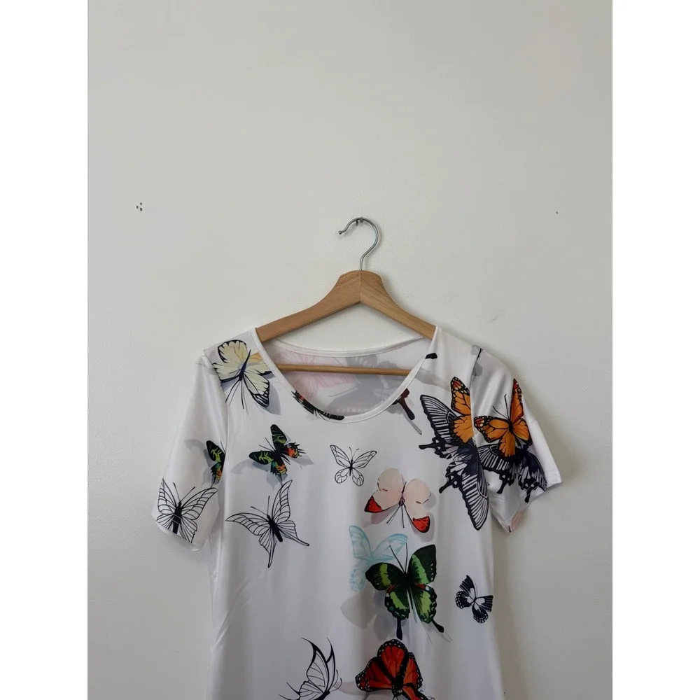 Women's White Dress with Butterfly Print & Side Slits – Size Small – NWOT - Picture 3 of 6